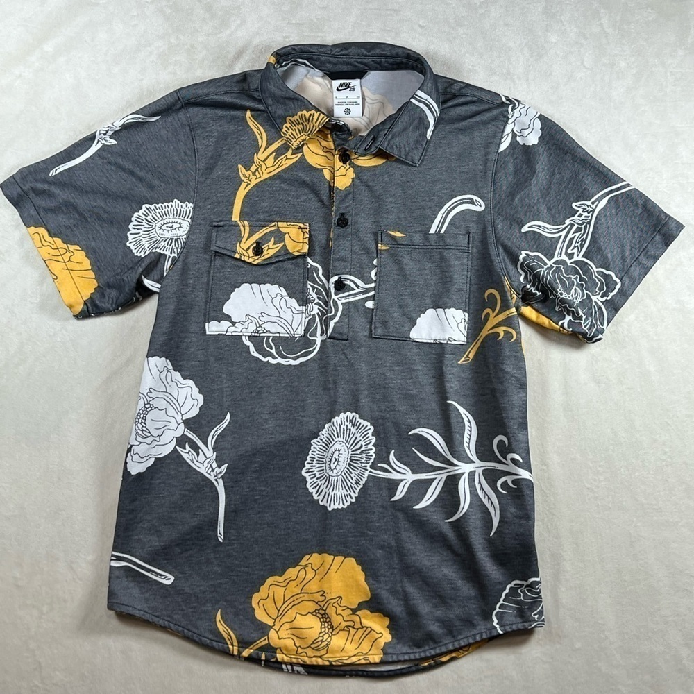 Men’s Small Nike SB All Over Print Floral Classic Pullover Polo Shirt Gray